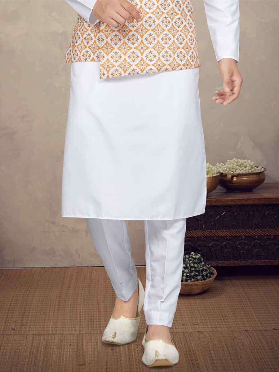 White Cotton Printed Festival Party Kurta