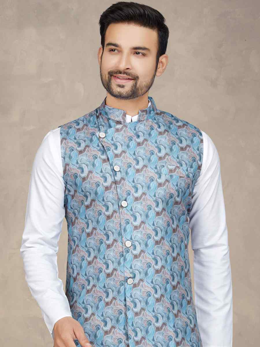 White Cotton Printed Festival Party Kurta
