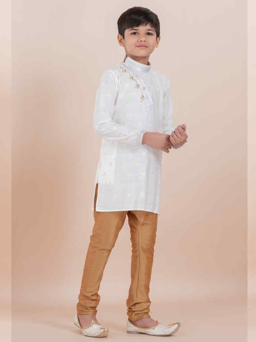 White Cotton Self Jacquard Embroidered Festival Traditional Kurta Pyjama Boys Wear