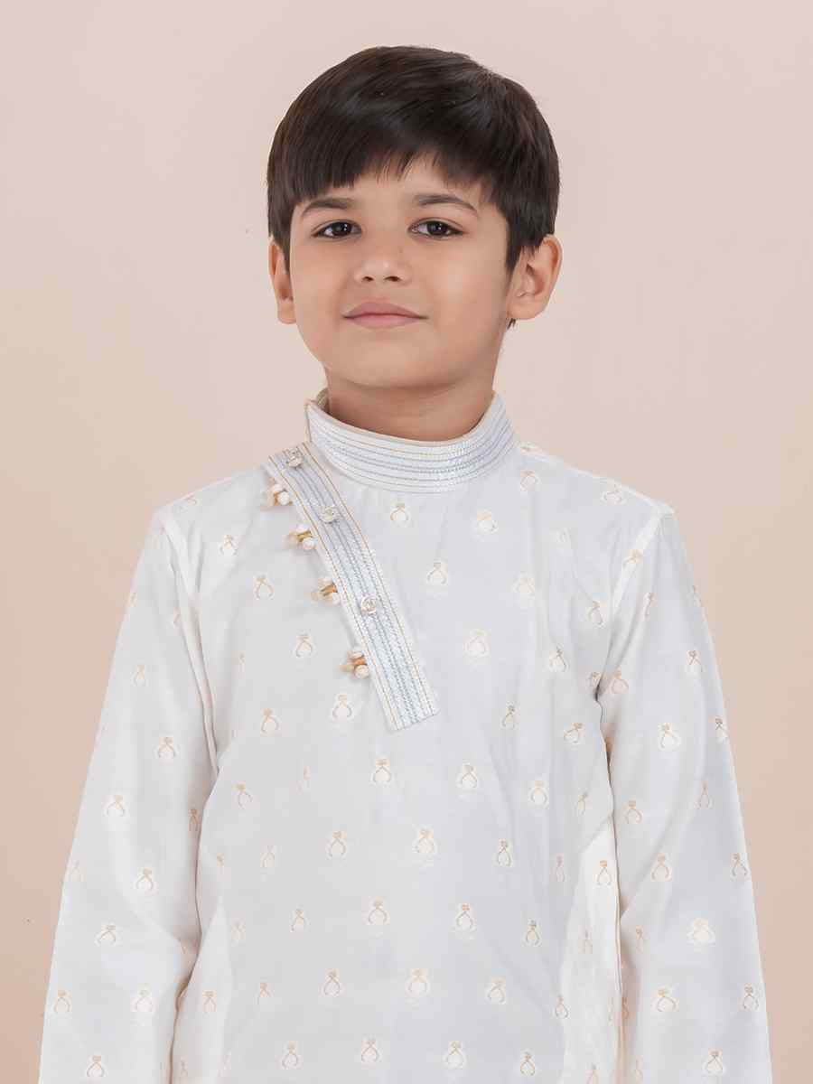 White Cotton Self Jacquard Embroidered Festival Traditional Kurta Pyjama Boys Wear