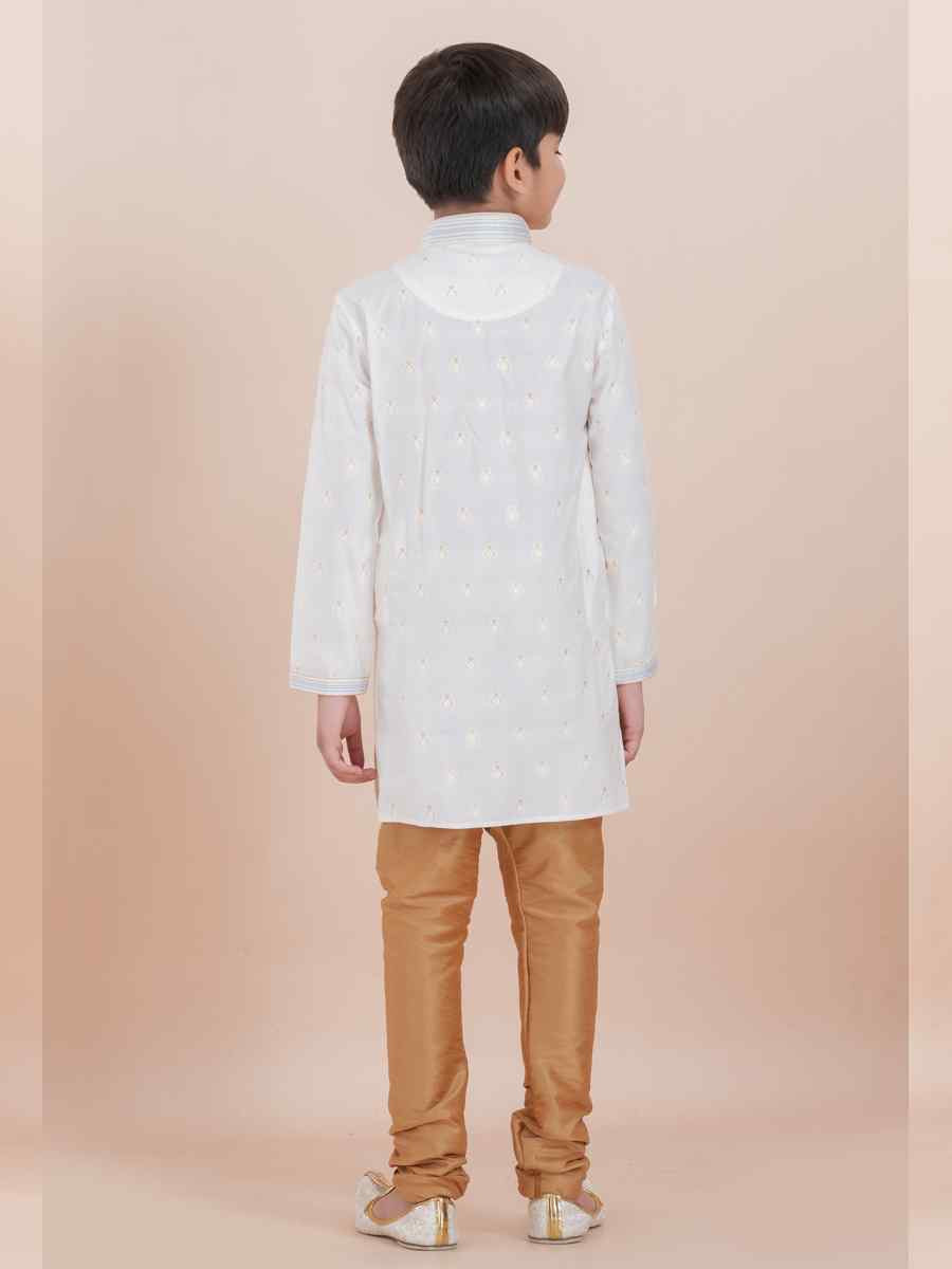 White Cotton Self Jacquard Embroidered Festival Traditional Kurta Pyjama Boys Wear