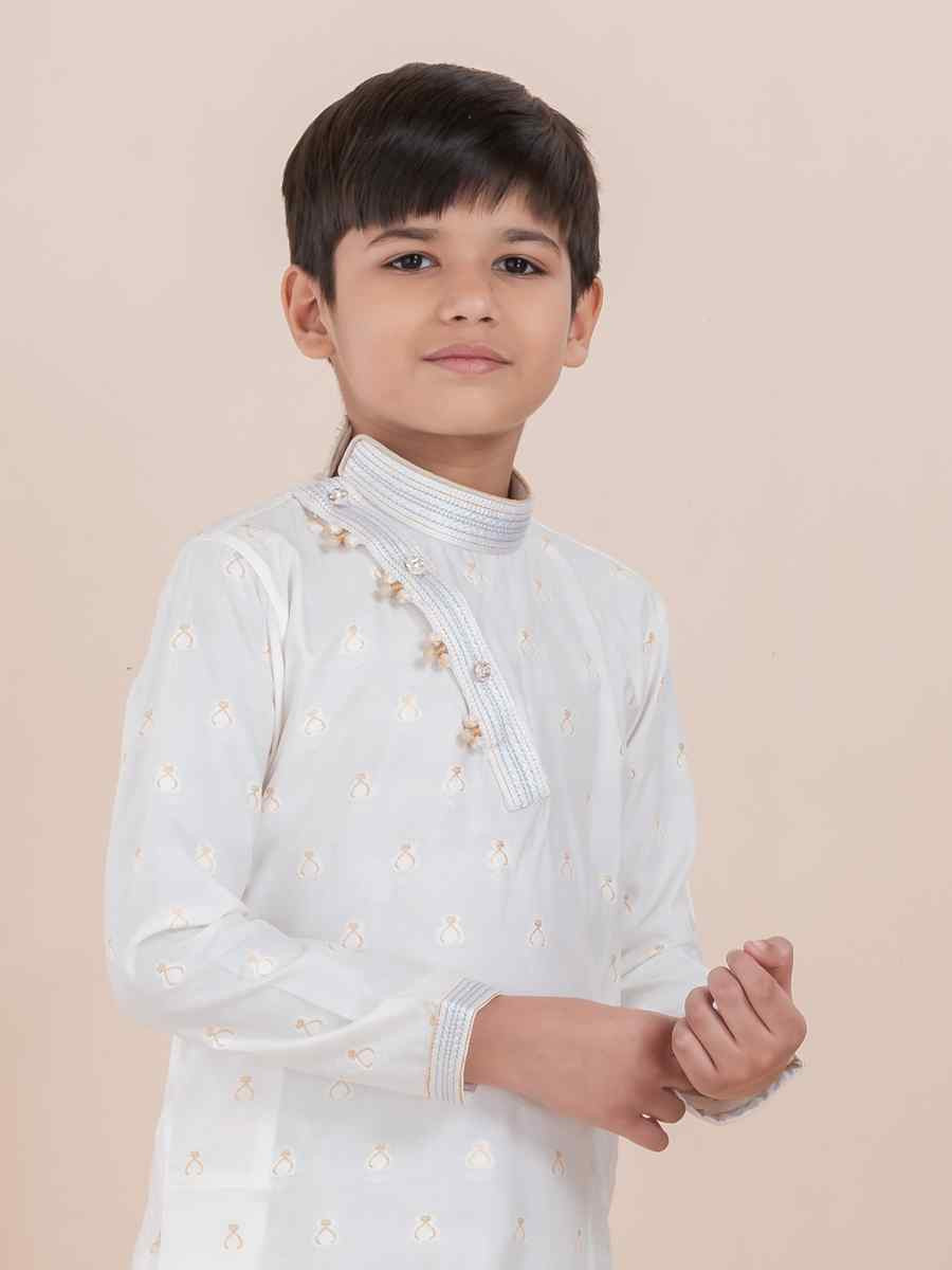 White Cotton Self Jacquard Embroidered Festival Traditional Kurta Pyjama Boys Wear