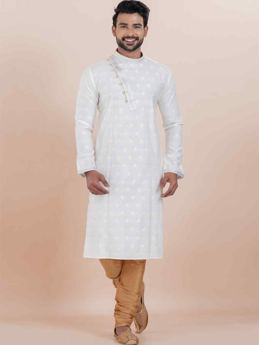 White Cotton Silk Jacquard Embroidered Festival Wedding Kurta Pyjama Men039s Wear