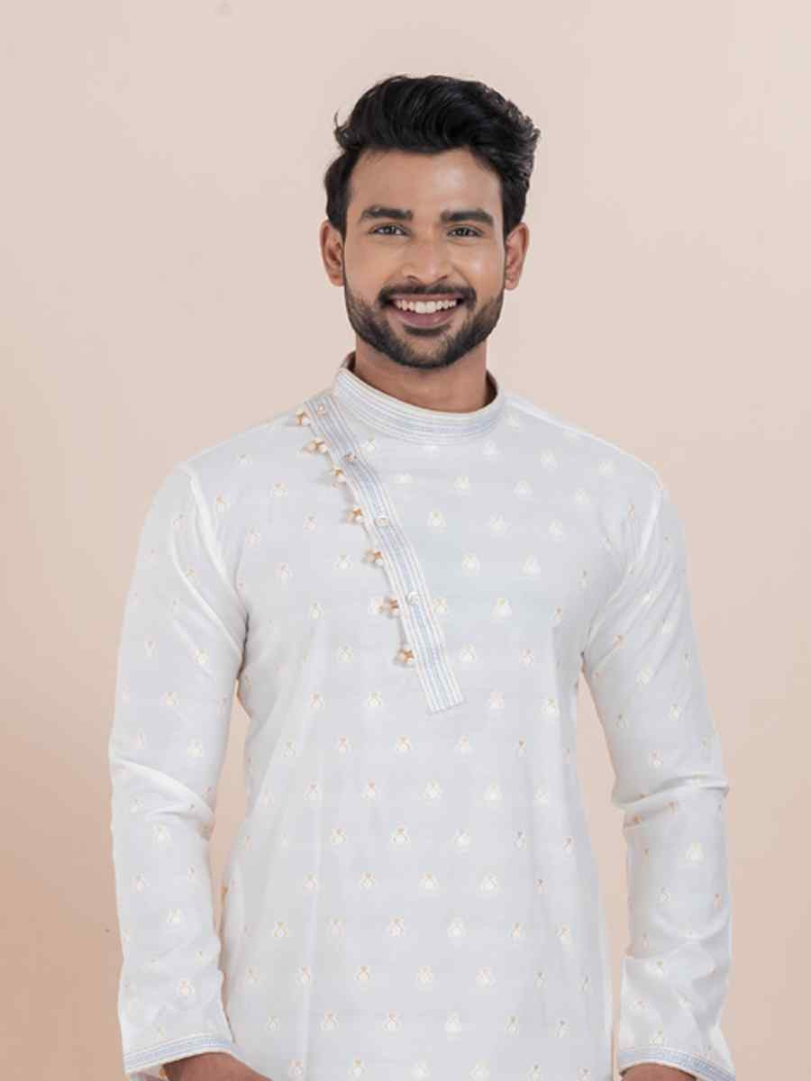 White Cotton Silk Jacquard Embroidered Festival Wedding Kurta Pyjama Men039s Wear