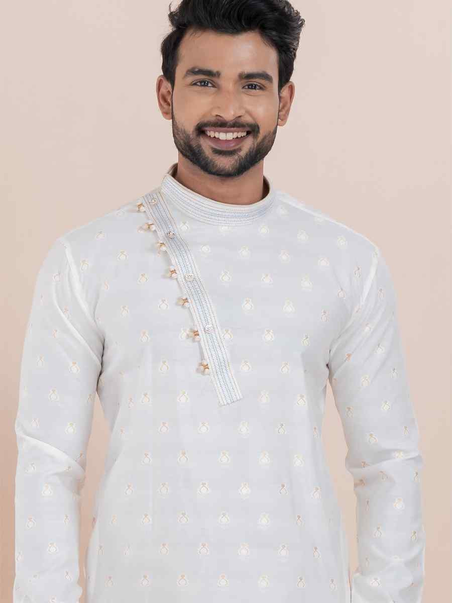 White Cotton Silk Jacquard Embroidered Festival Wedding Kurta Pyjama Men039s Wear