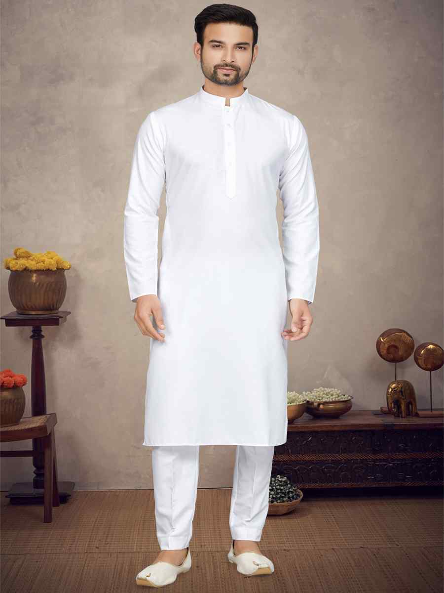 White Cotton Woven Festival Mehendi Kurta