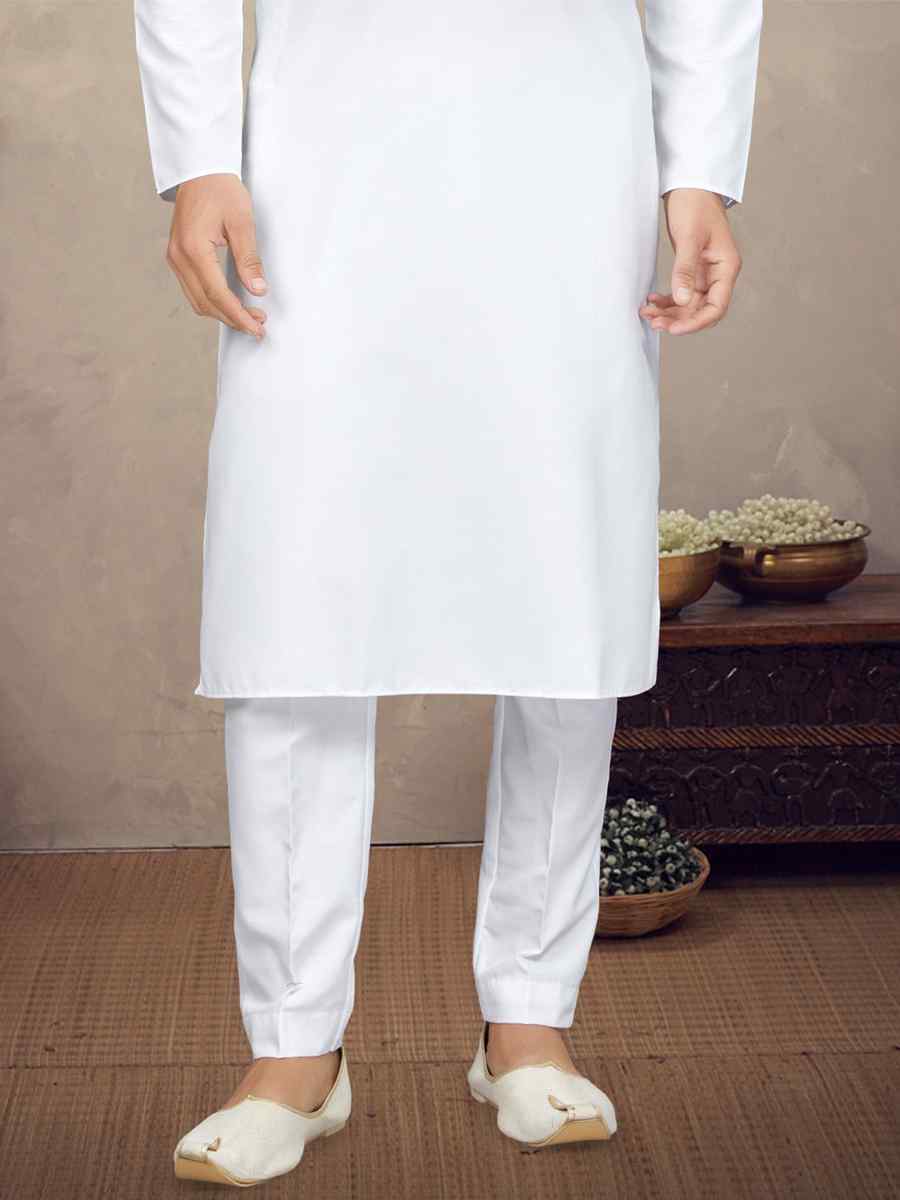 White Cotton Woven Festival Mehendi Kurta