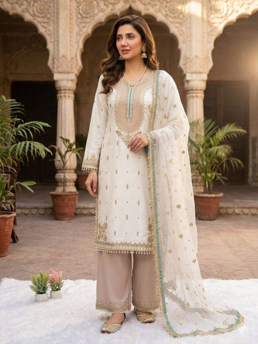 White Crape Silk Embroidery Sequins Wedding Party Festival Casual Ready Palazzo Pant Salwar Kameez