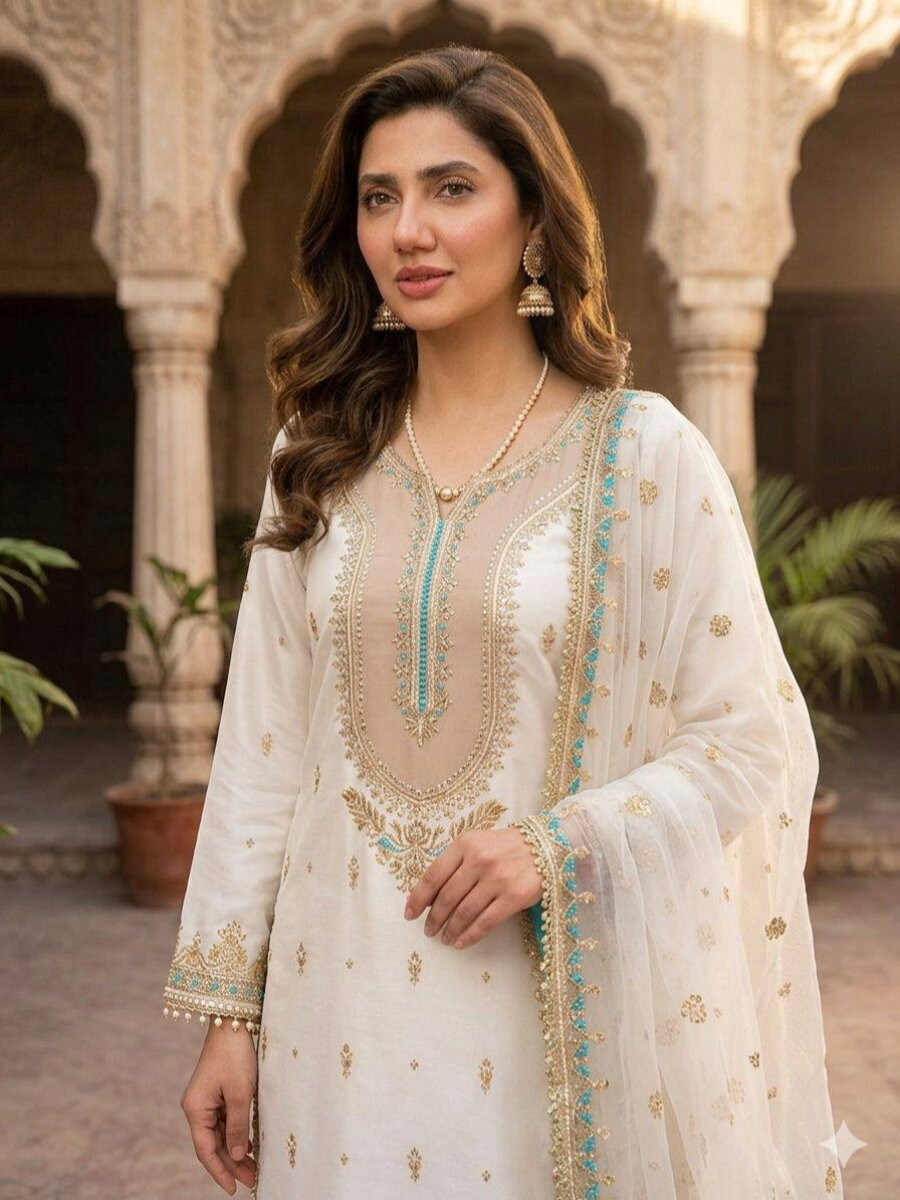 White Crape Silk Embroidery Sequins Wedding Party Festival Casual Ready Palazzo Pant Salwar Kameez