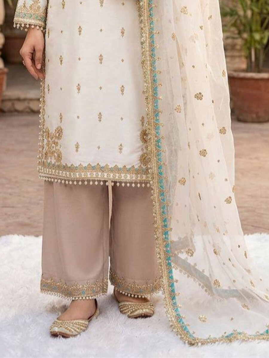White Crape Silk Embroidery Sequins Wedding Party Festival Casual Ready Palazzo Pant Salwar Kameez