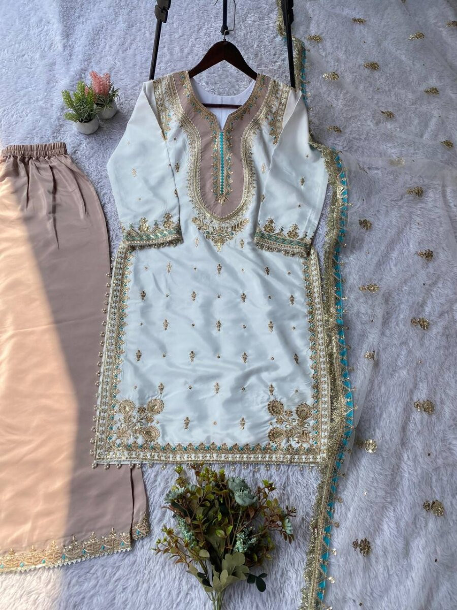 White Crape Silk Embroidery Sequins Wedding Party Festival Casual Ready Palazzo Pant Salwar Kameez