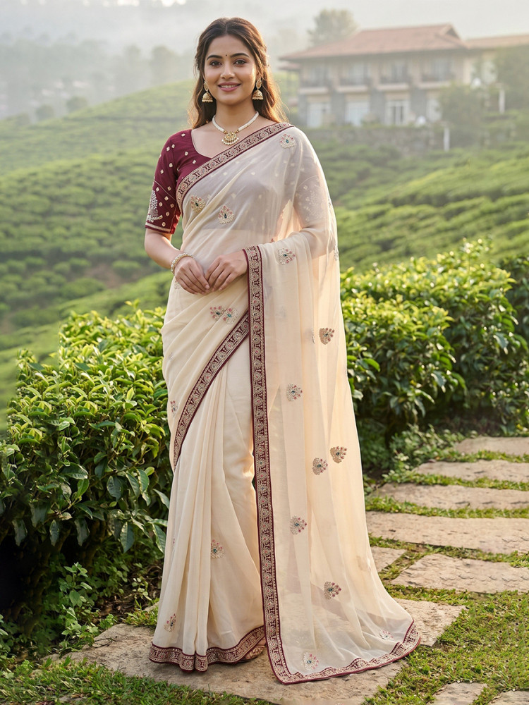 Image of White Crush Rangoli Embroidery Sequins Wedding Reception Party Festival Casual Heavy Border Sarees