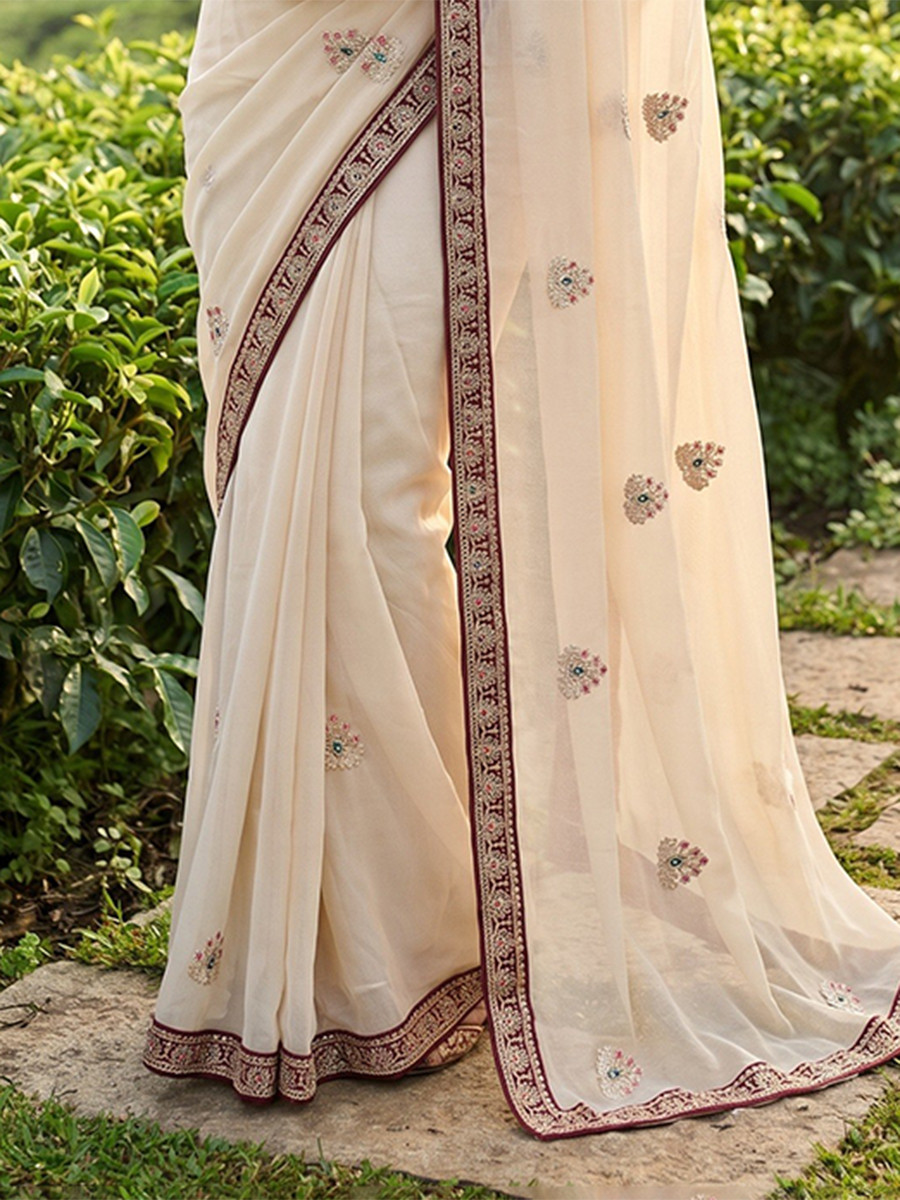 White Crush Rangoli Embroidery Sequins Wedding Reception Party Festival Casual Heavy Border Sarees