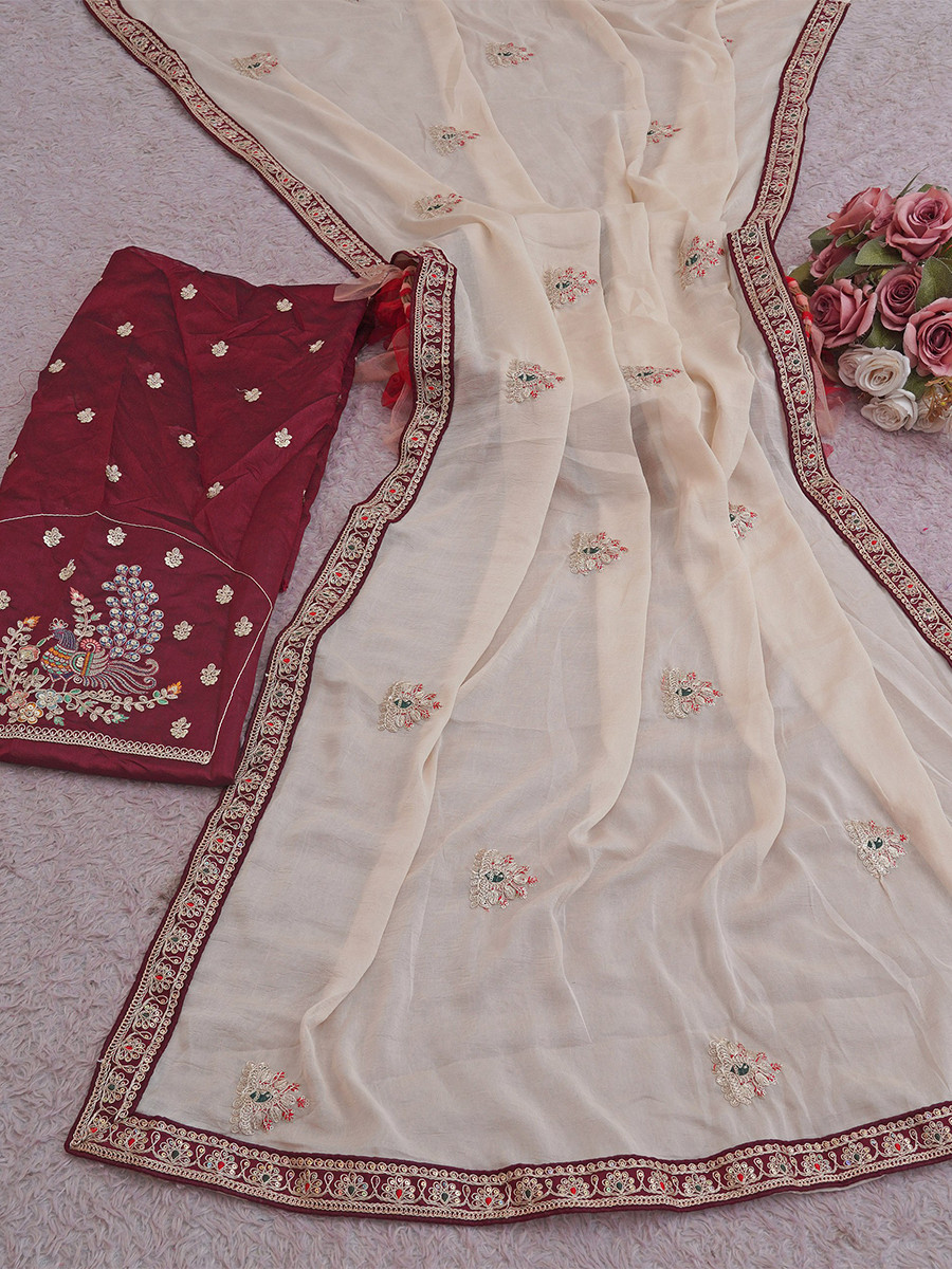 White Crush Rangoli Embroidery Sequins Wedding Reception Party Festival Casual Heavy Border Sarees