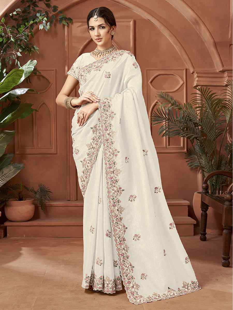 White Crush Silk Embroidery Traditional Bridal Reception Festival Wedding Fancy Heavy Border Sarees