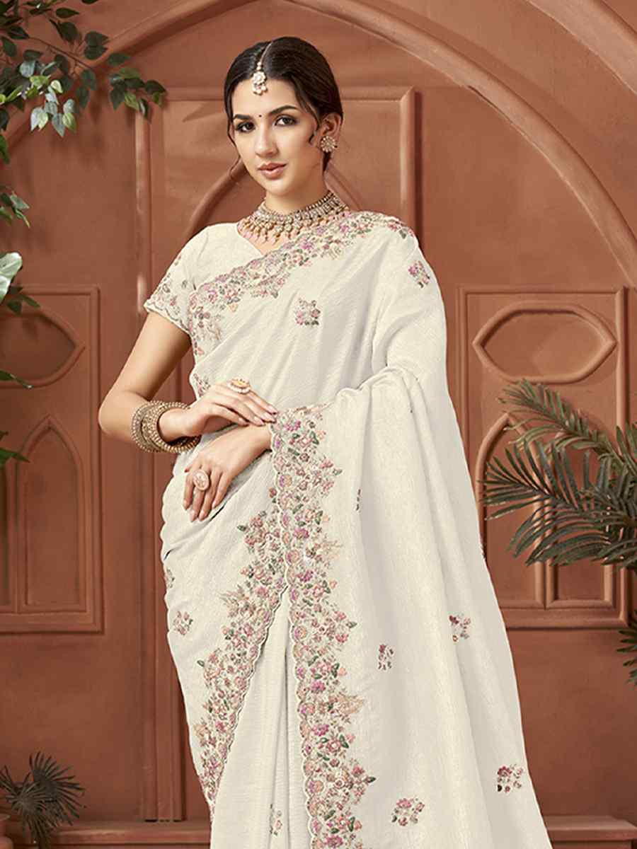 White Crush Silk Embroidery Traditional Bridal Reception Festival Wedding Fancy Heavy Border Sarees