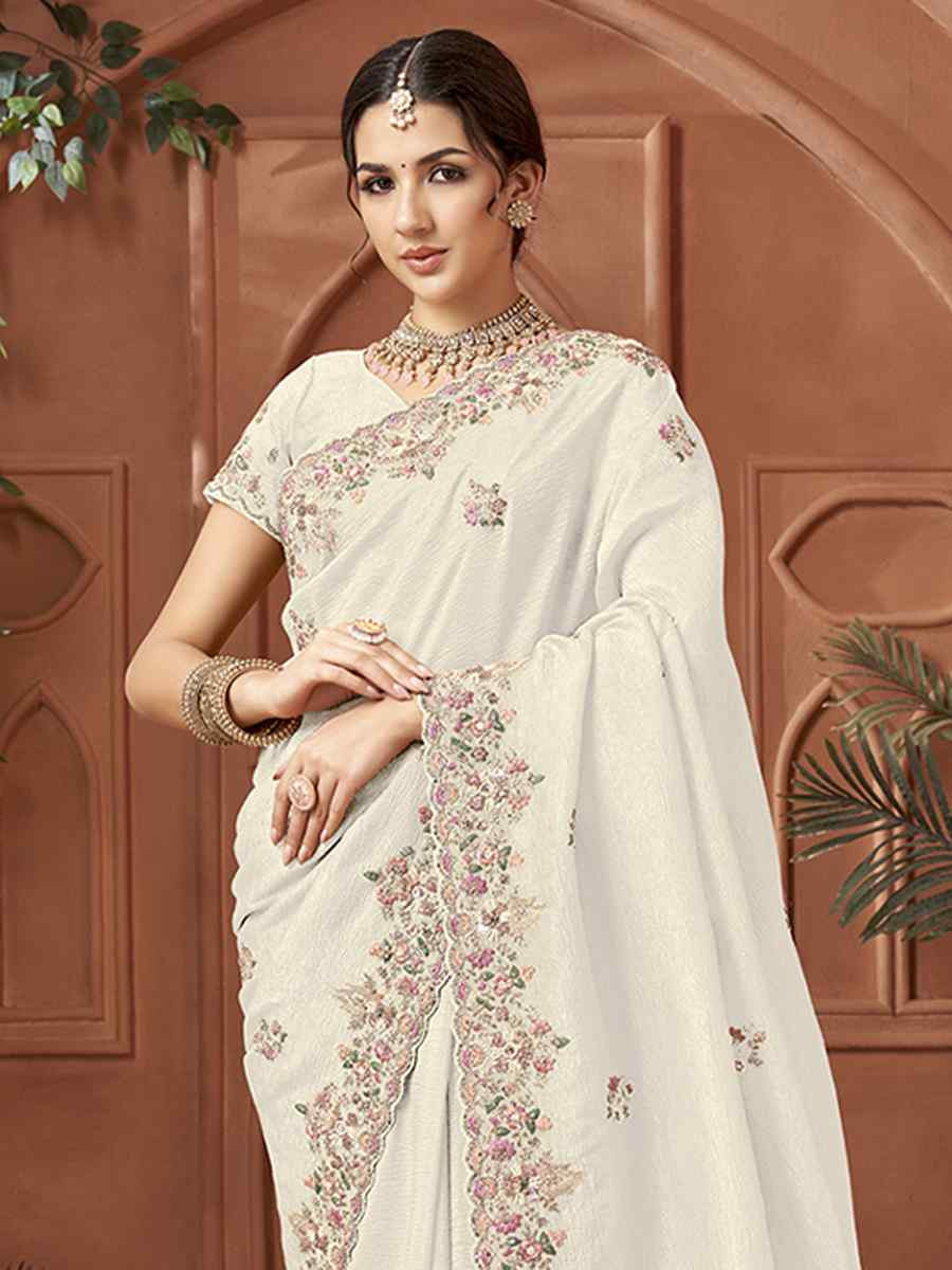 White Crush Silk Embroidery Traditional Bridal Reception Festival Wedding Fancy Heavy Border Sarees