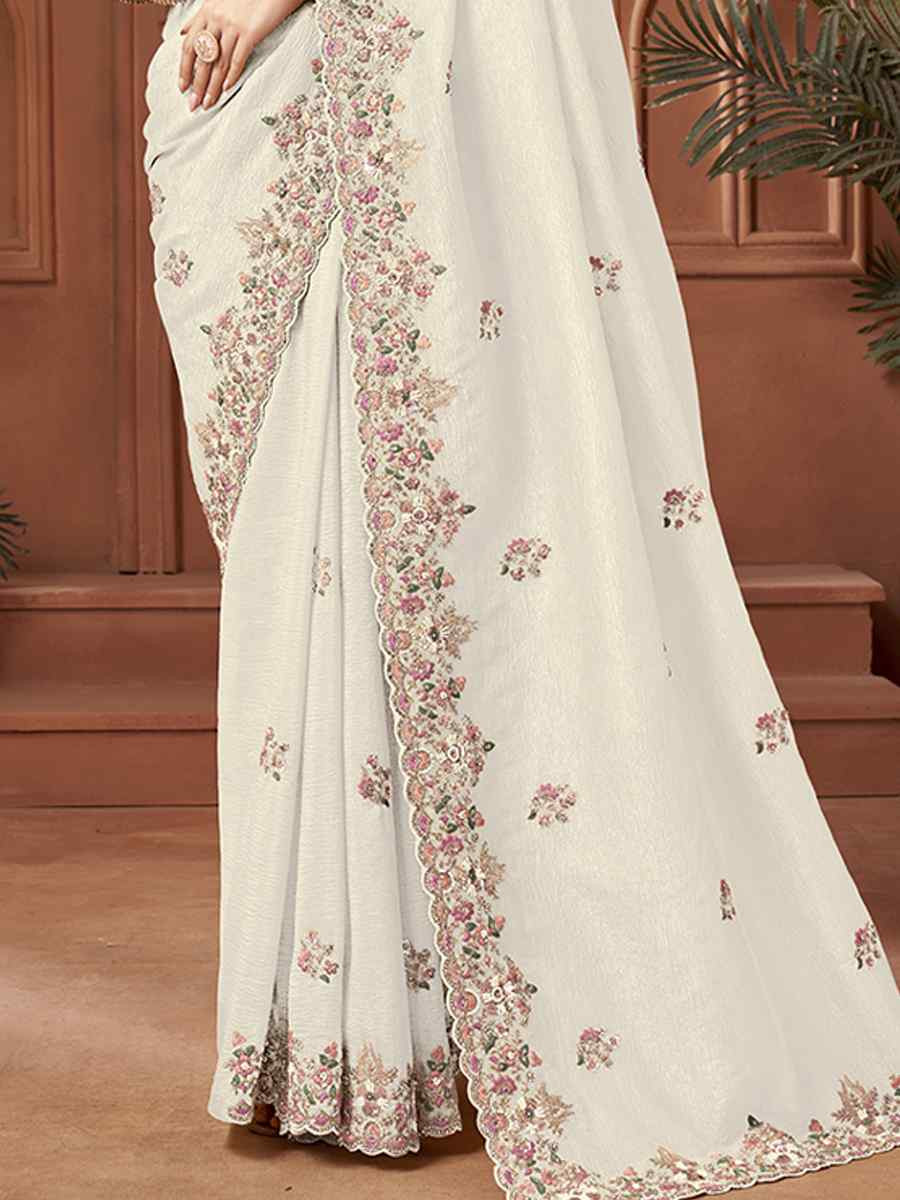 White Crush Silk Embroidery Traditional Bridal Reception Festival Wedding Fancy Heavy Border Sarees