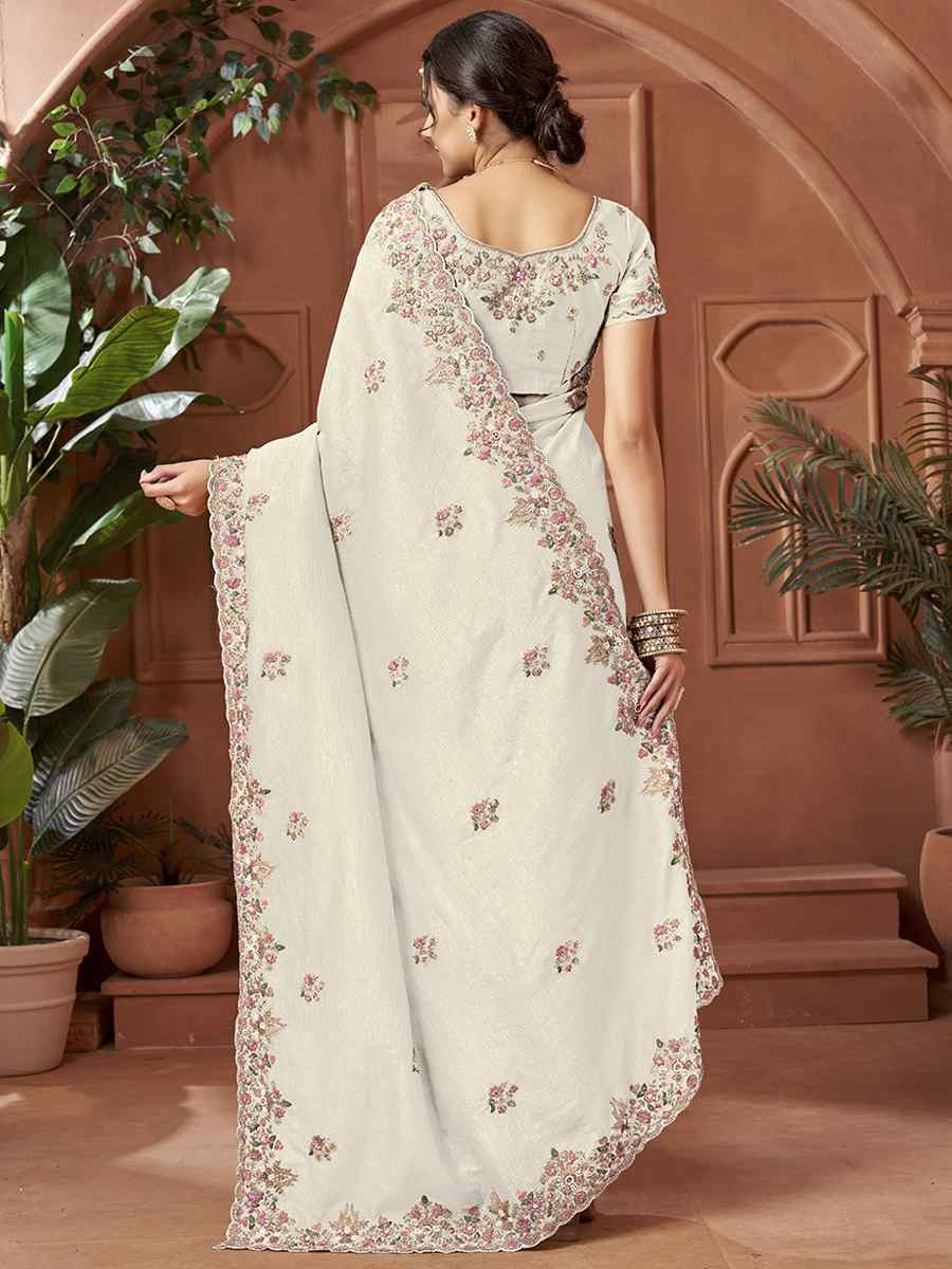 White Crush Silk Embroidery Traditional Bridal Reception Festival Wedding Fancy Heavy Border Sarees