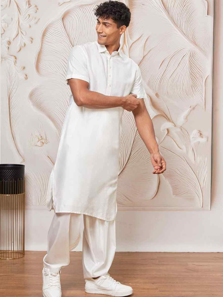 White Dhupion Art Silk Plain Party Wedding Kurta