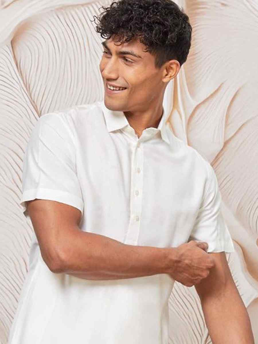 White Dhupion Art Silk Plain Party Wedding Kurta