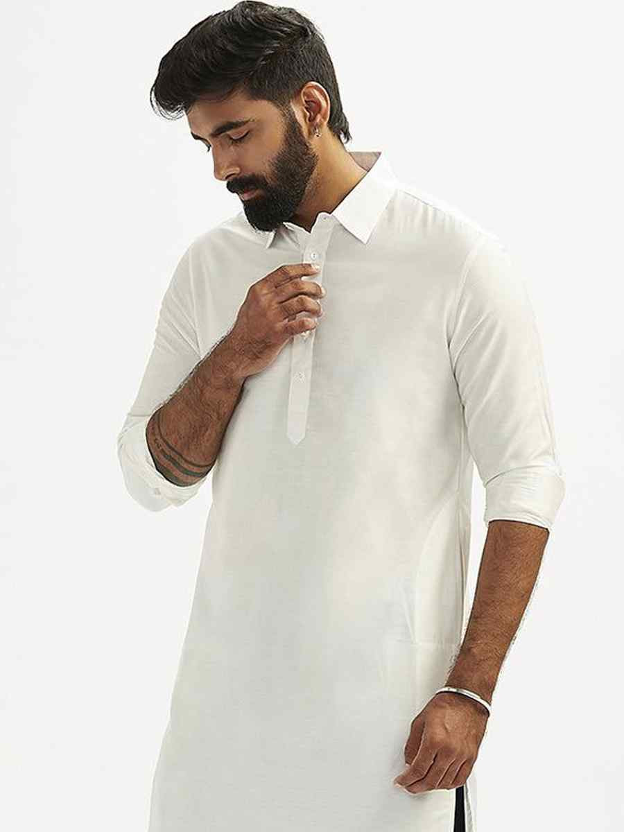 White Dhupion Art Silk Plain Party Wedding Kurta
