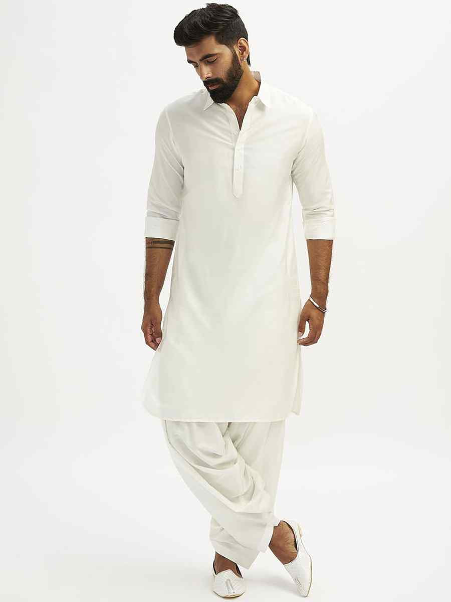 White Dhupion Art Silk Plain Party Wedding Kurta