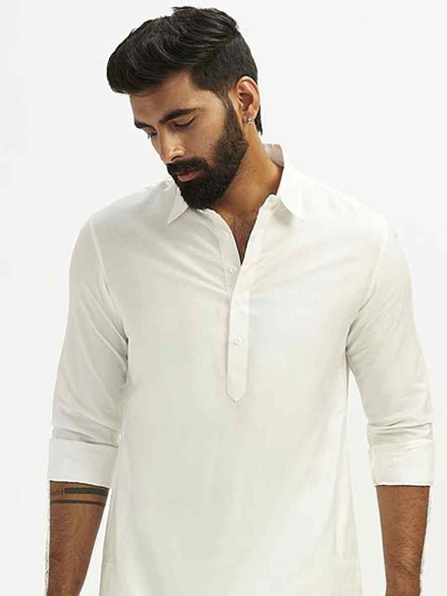 White Dhupion Art Silk Plain Party Wedding Kurta