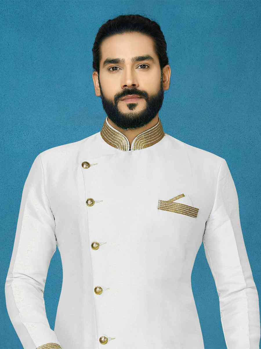 White Dhupion Art Silk Woven Festival Wedding Sherwani