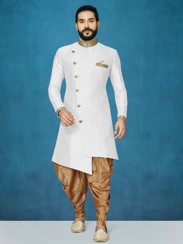 White Dhupion Art Silk Woven Festival Wedding Sherwani