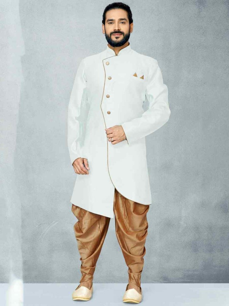 White Dhupion Art Silk Woven Festival Wedding Sherwani