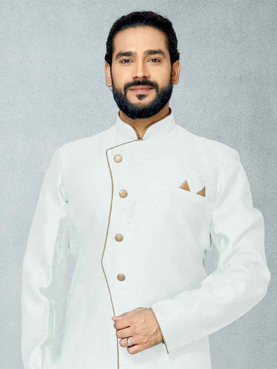 White Dhupion Art Silk Woven Festival Wedding Sherwani