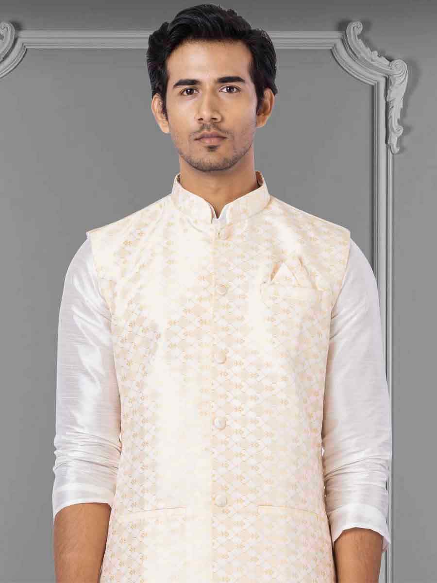 White Dhupion Raw Silk Woven Festival Wedding Kurta Waistcoat