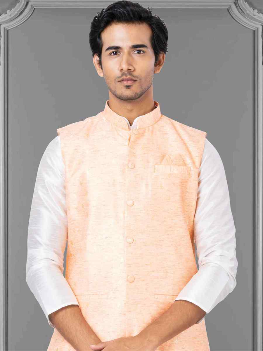 White Dhupion Raw Silk Woven Festival Wedding Kurta Waistcoat