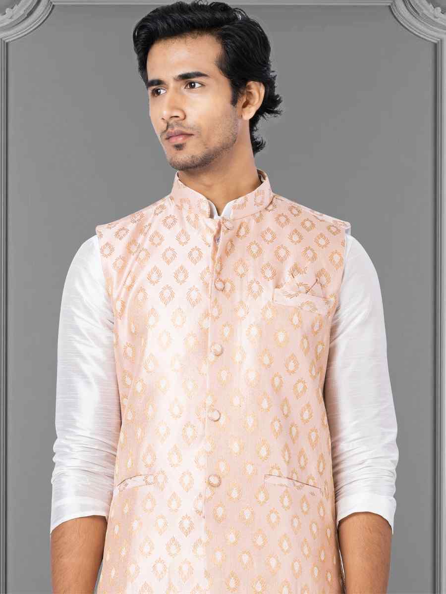 White Dhupion Raw Silk Woven Festival Wedding Kurta Waistcoat