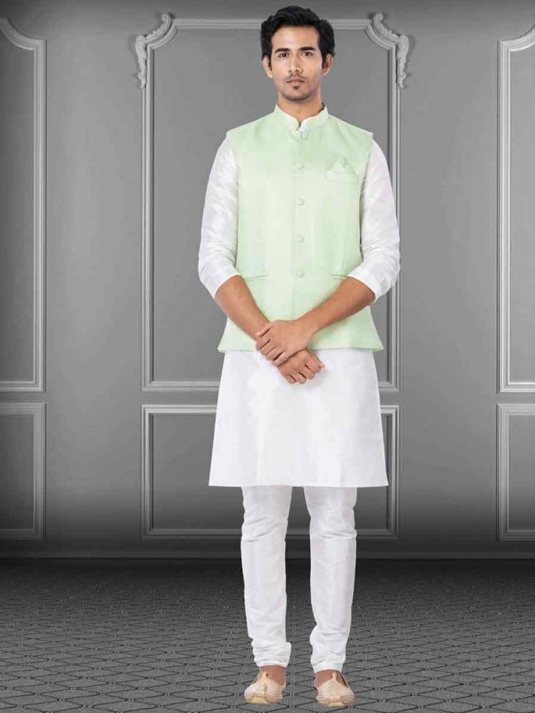 White Dhupion Raw Silk Woven Festival Wedding Kurta Waistcoat