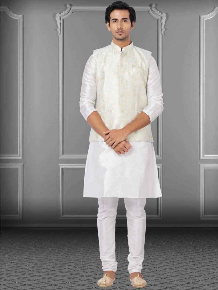 White Dhupion Raw Silk Woven Festival Wedding Kurta Waistcoat