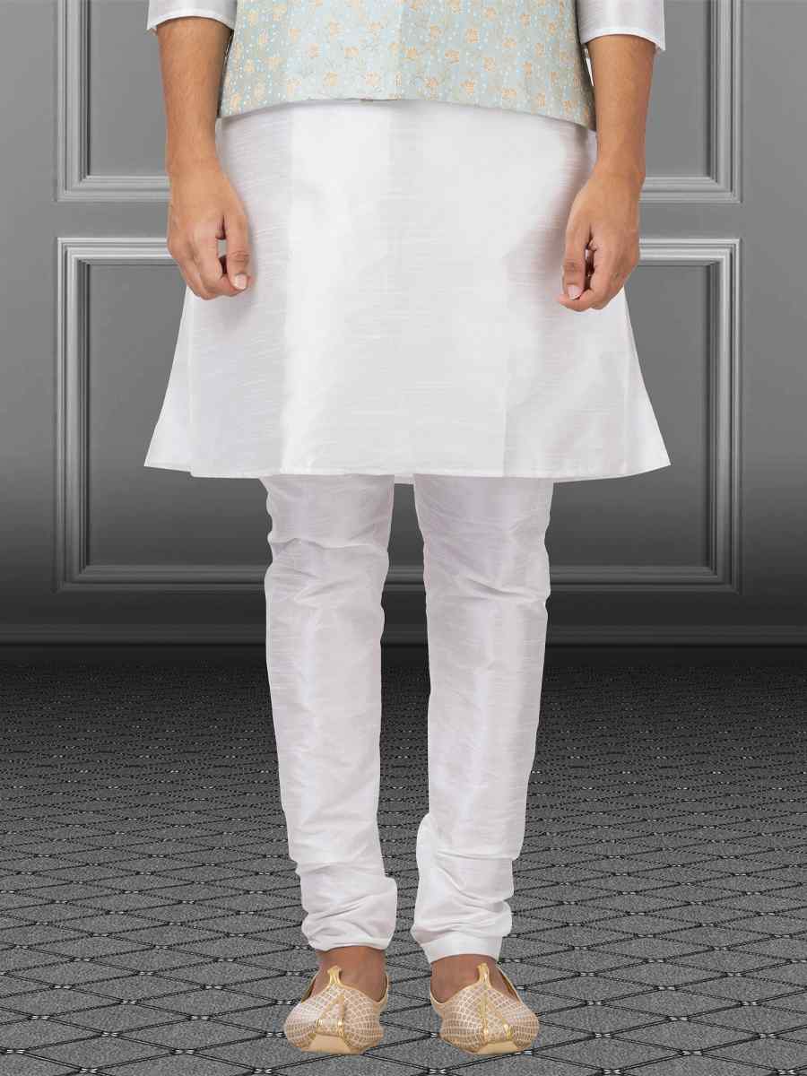 White Dhupion Raw Silk Woven Festival Wedding Kurta Waistcoat