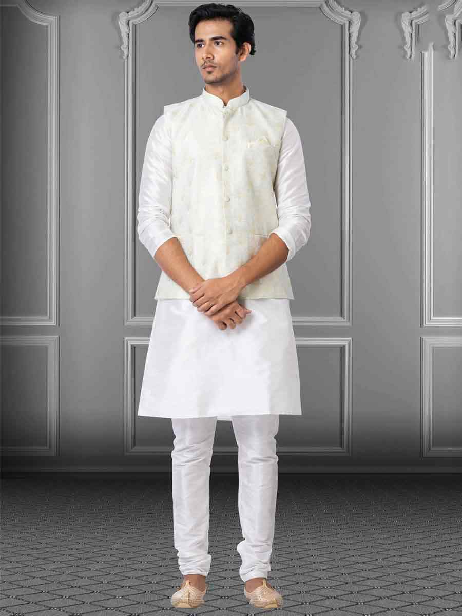 White Dhupion Raw Silk Woven Festival Wedding Kurta Waistcoat