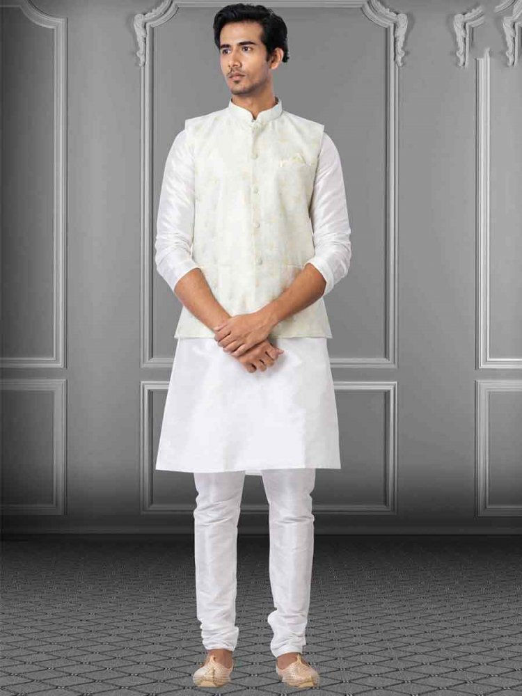 White Dhupion Raw Silk Woven Festival Wedding Kurta Waistcoat