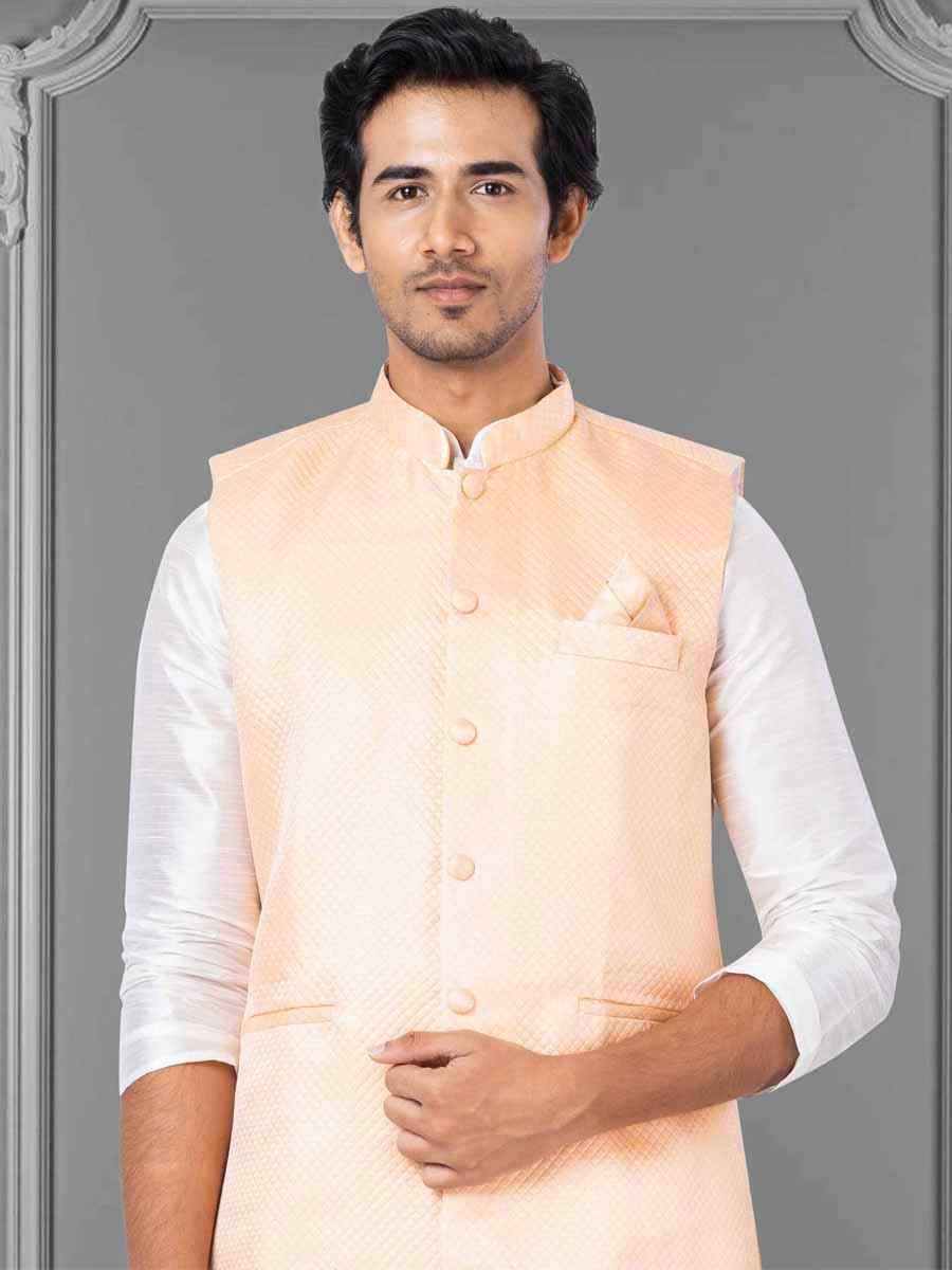 White Dhupion Raw Silk Woven Festival Wedding Kurta Waistcoat