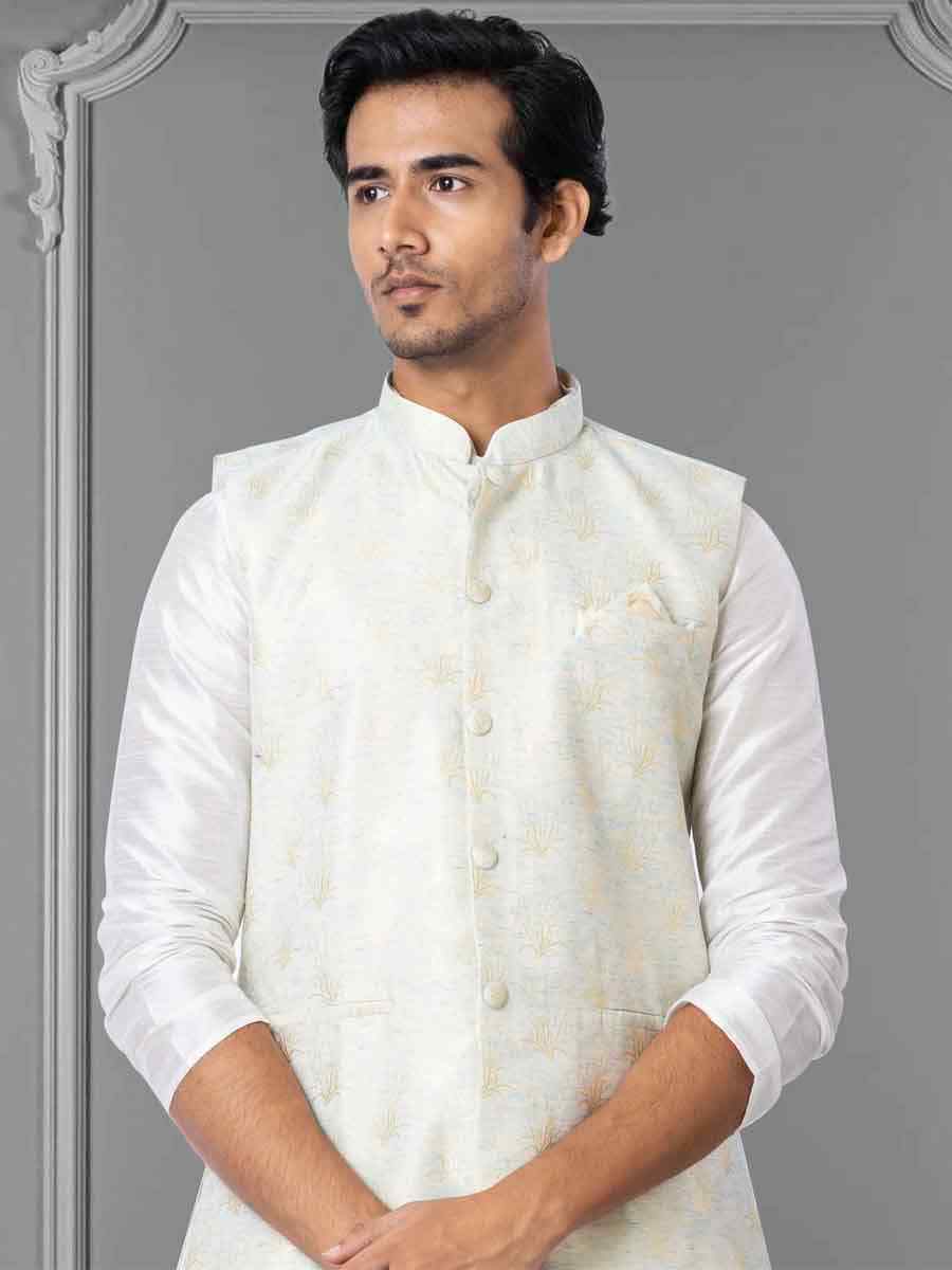 White Dhupion Raw Silk Woven Festival Wedding Kurta Waistcoat