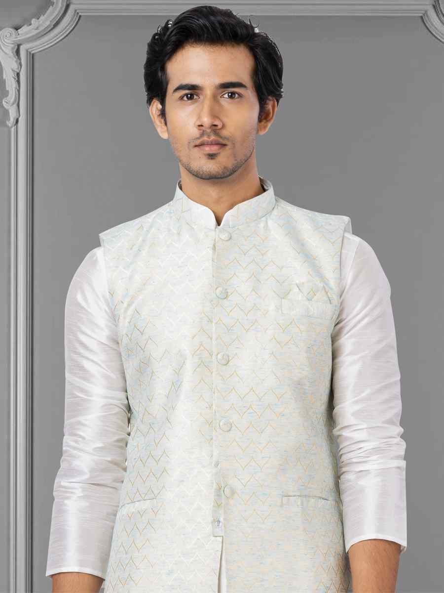 White Dhupion Raw Silk Woven Festival Wedding Kurta Waistcoat