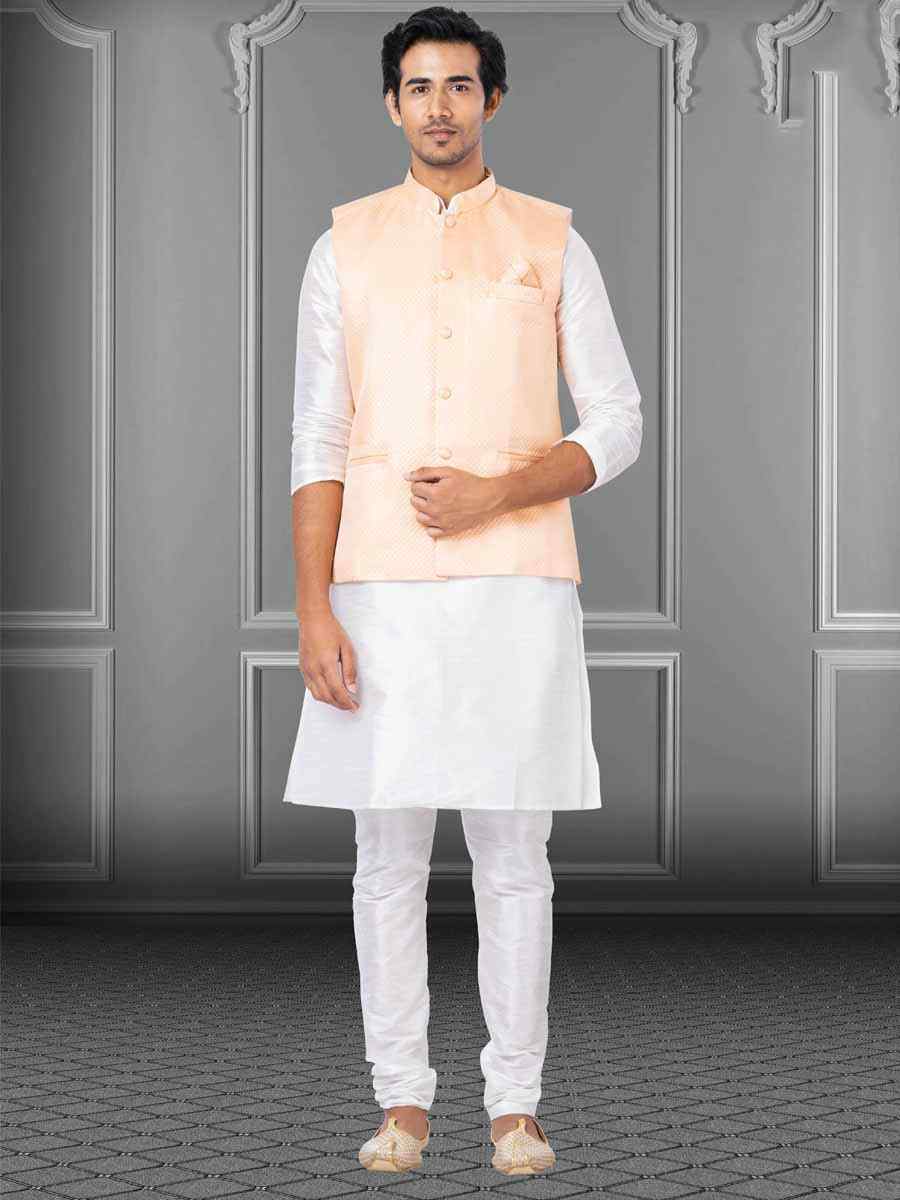 White Dhupion Raw Silk Woven Festival Wedding Kurta Waistcoat