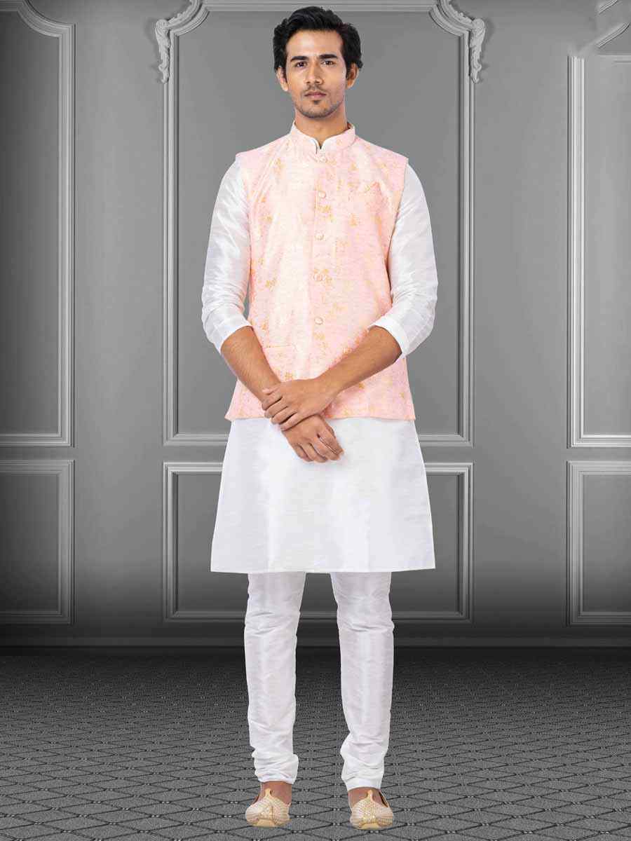 White Dhupion Raw Silk Woven Festival Wedding Kurta Waistcoat