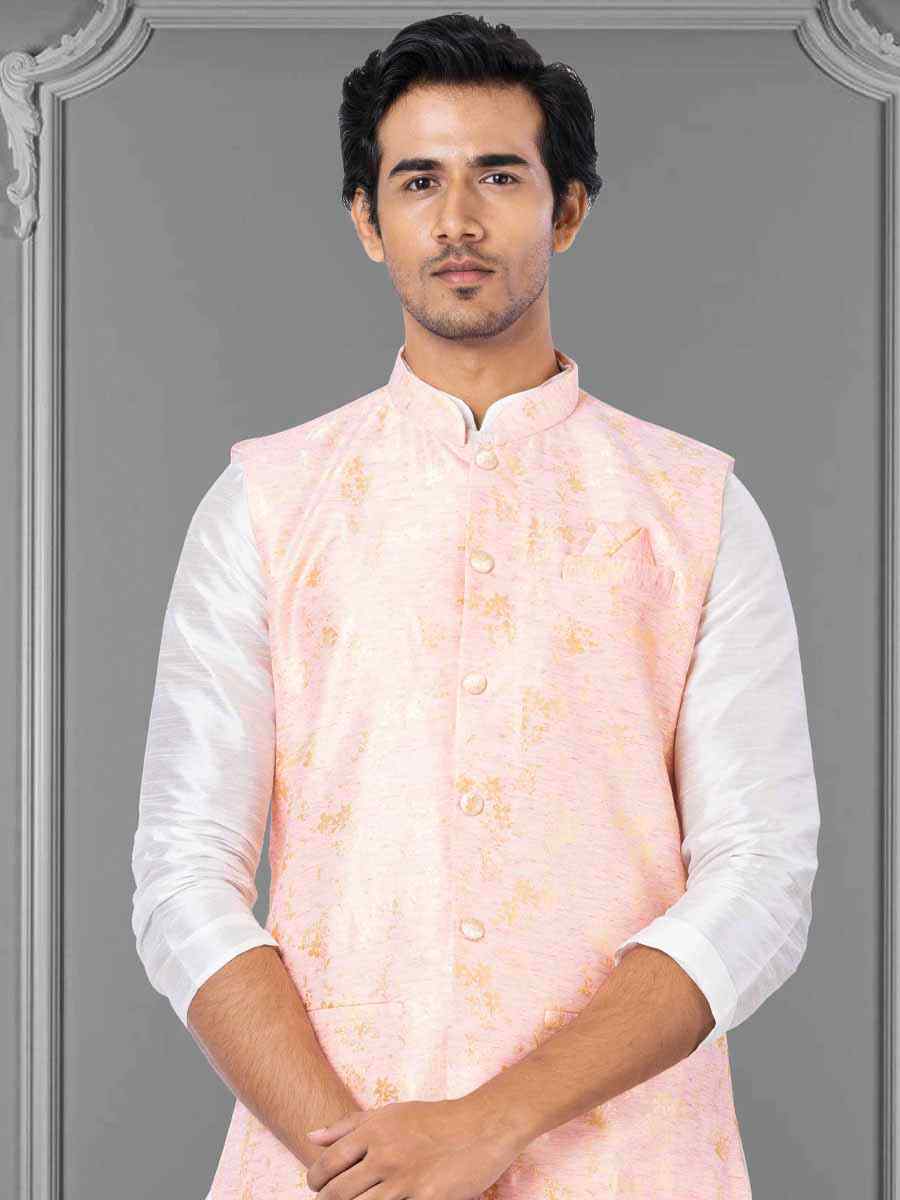 White Dhupion Raw Silk Woven Festival Wedding Kurta Waistcoat