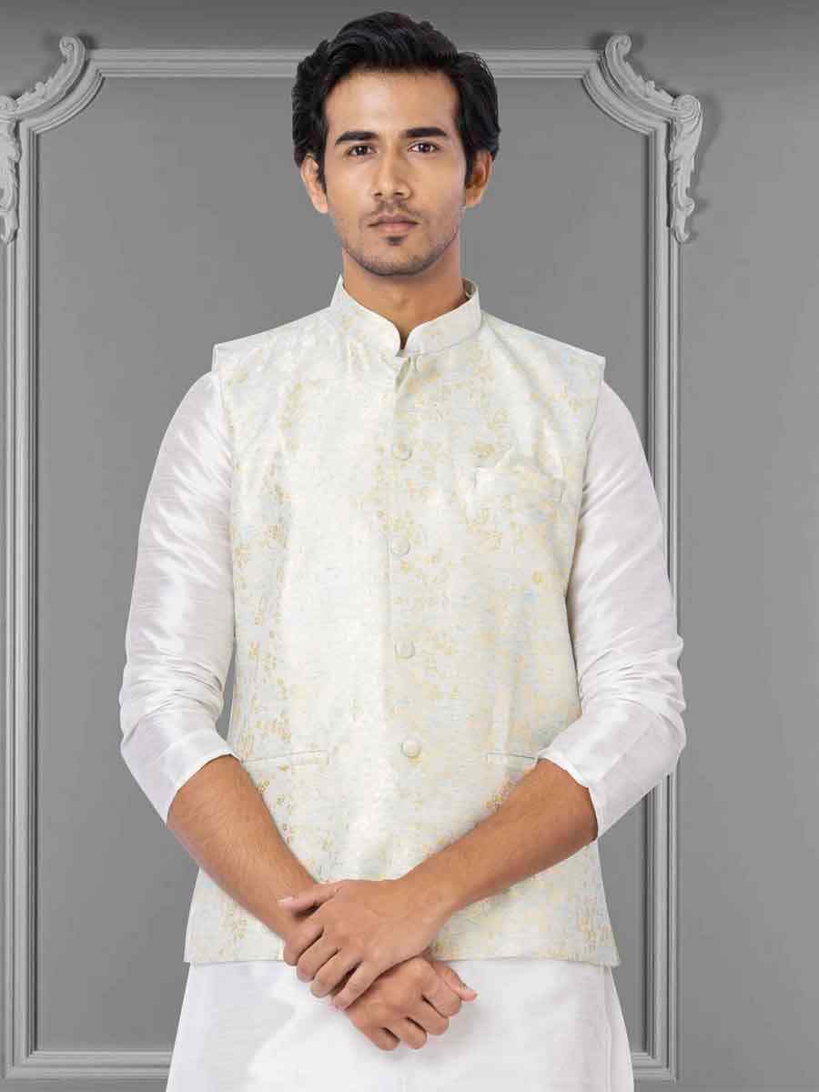 White Dhupion Raw Silk Woven Festival Wedding Kurta Waistcoat