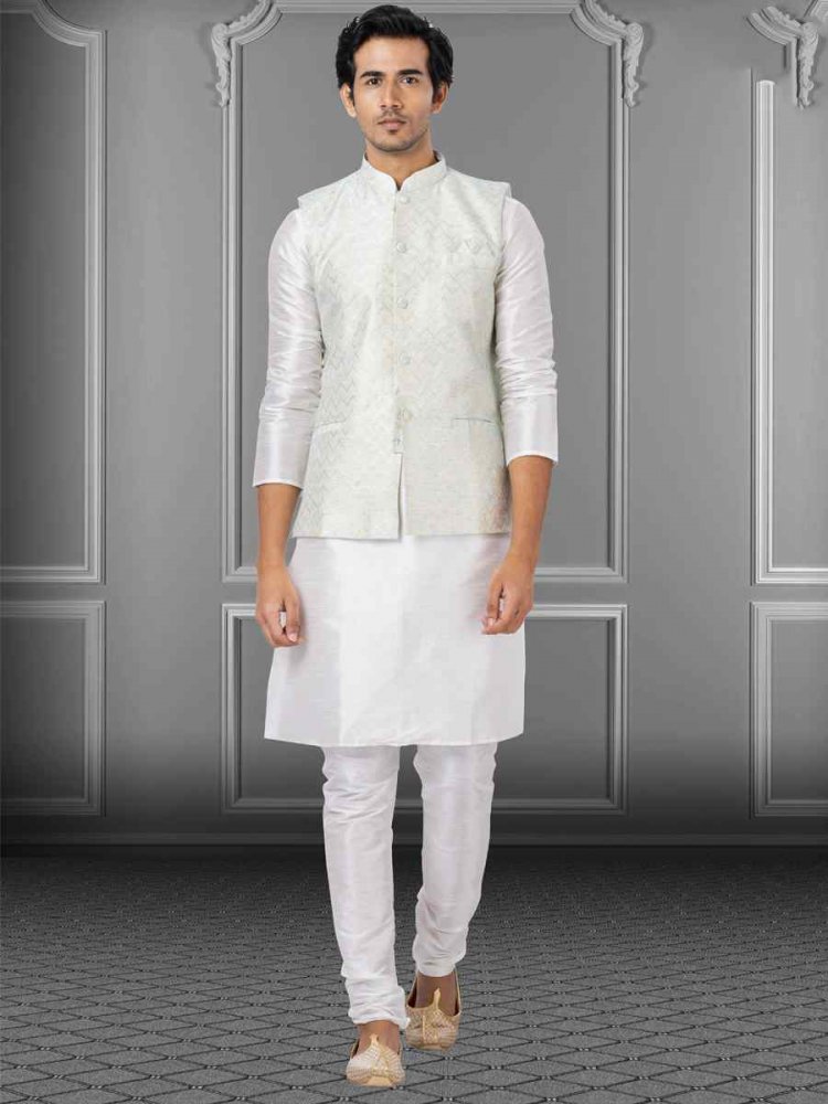 White Dhupion Raw Silk Woven Festival Wedding Kurta Waistcoat