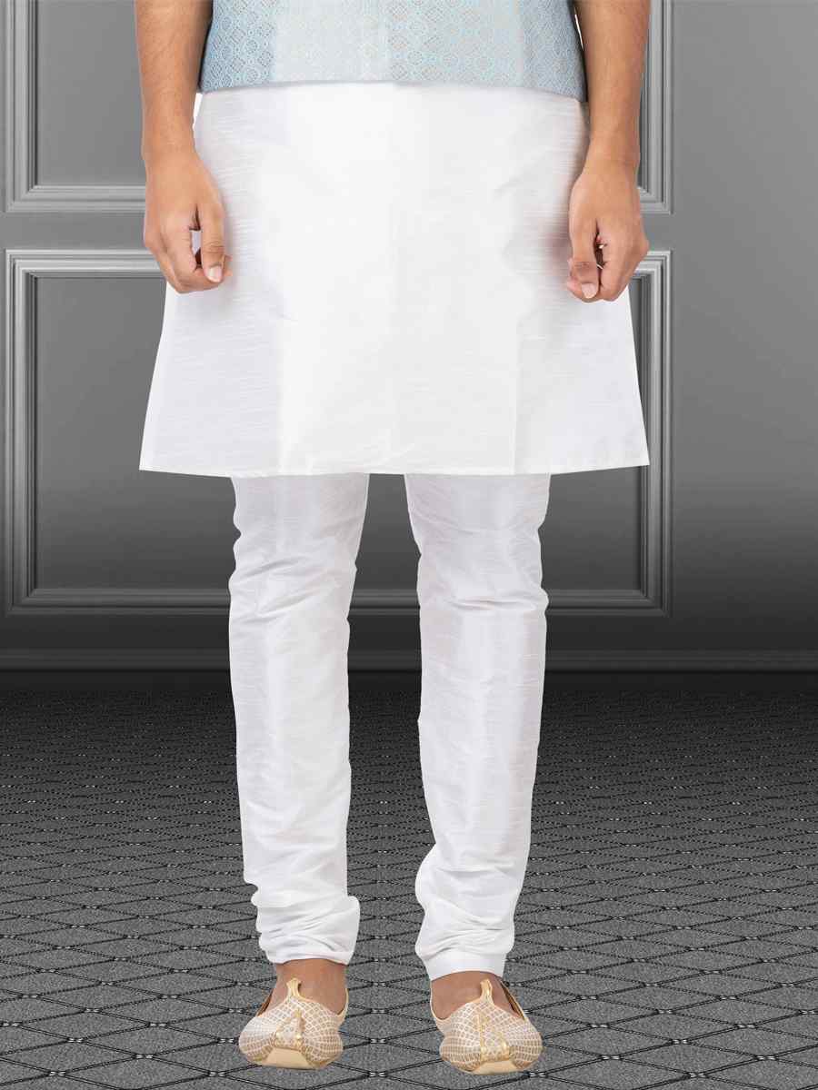 White Dhupion Raw Silk Woven Festival Wedding Kurta Waistcoat