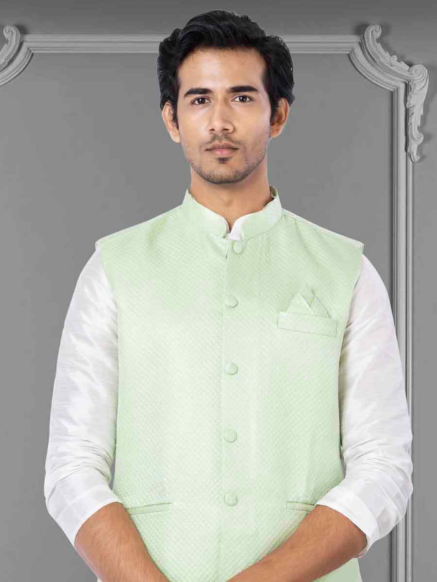 White Dhupion Raw Silk Woven Festival Wedding Kurta Waistcoat